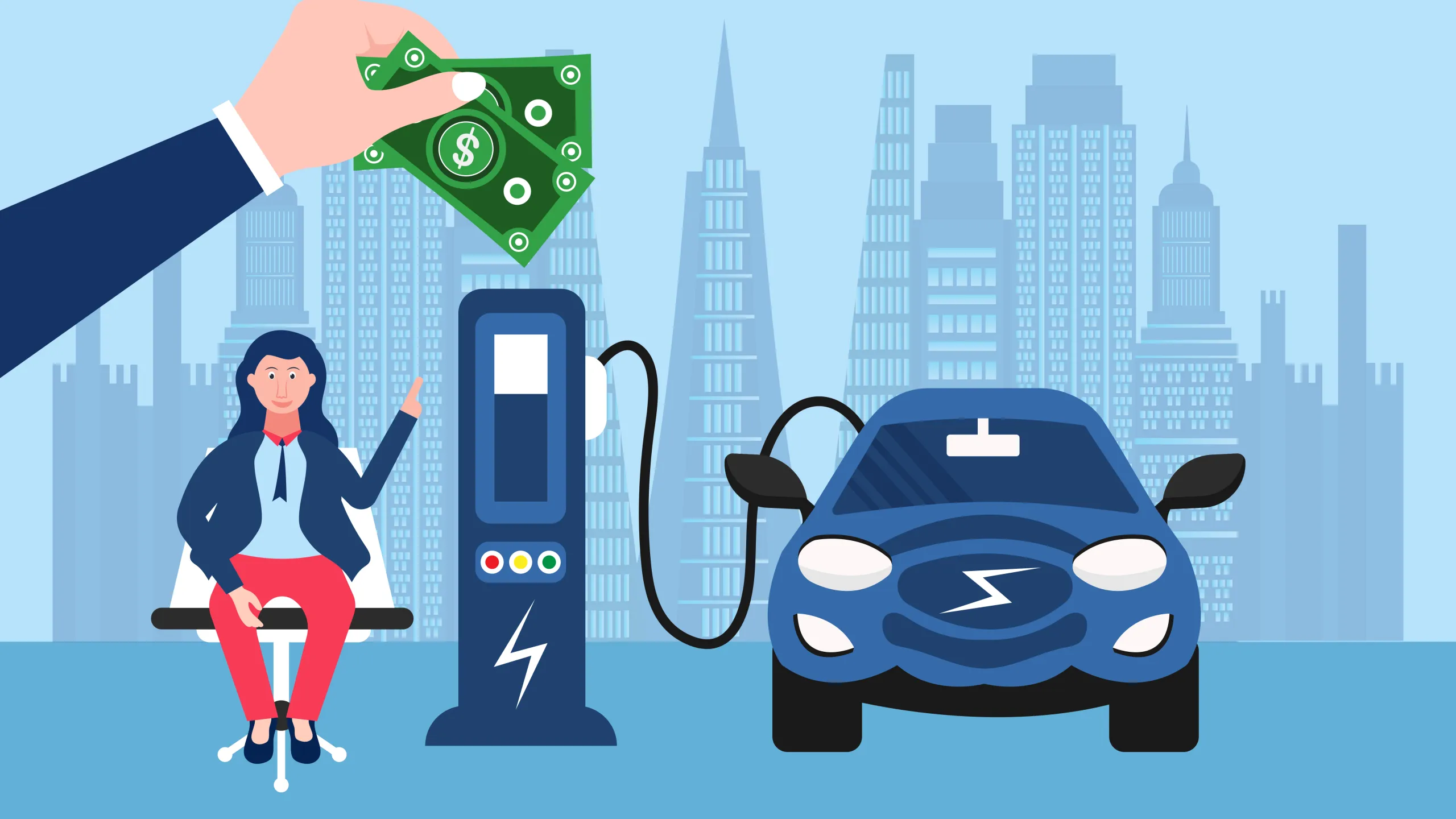 Cartoon image of an EV charging with a lady waiting