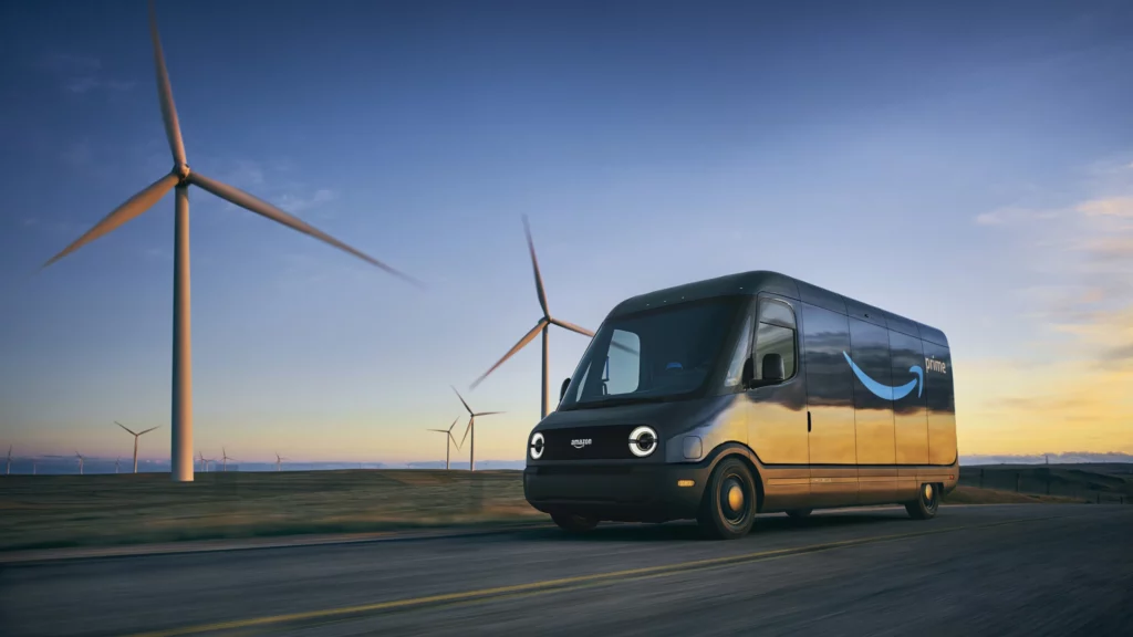 Amazon Rivian Van with Windmills in the background