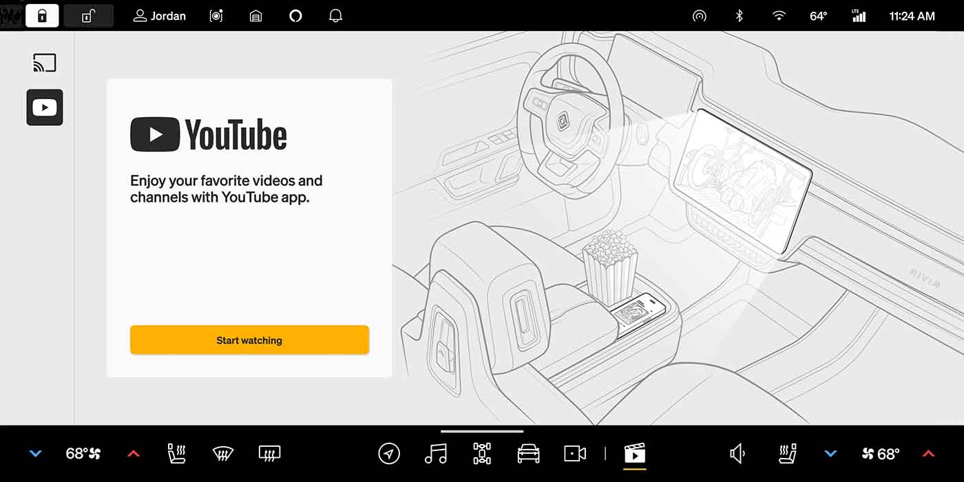 Screenshot of YouTube app on Rivian infotainment