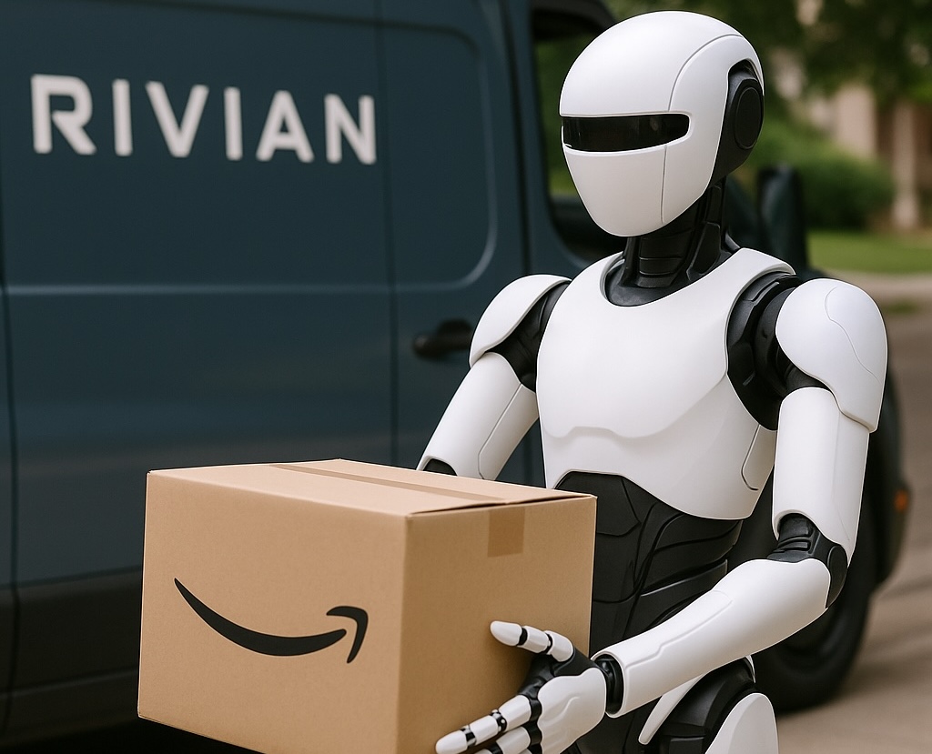 Robot delivering Amazon packages with Rivian Commercial Van in background