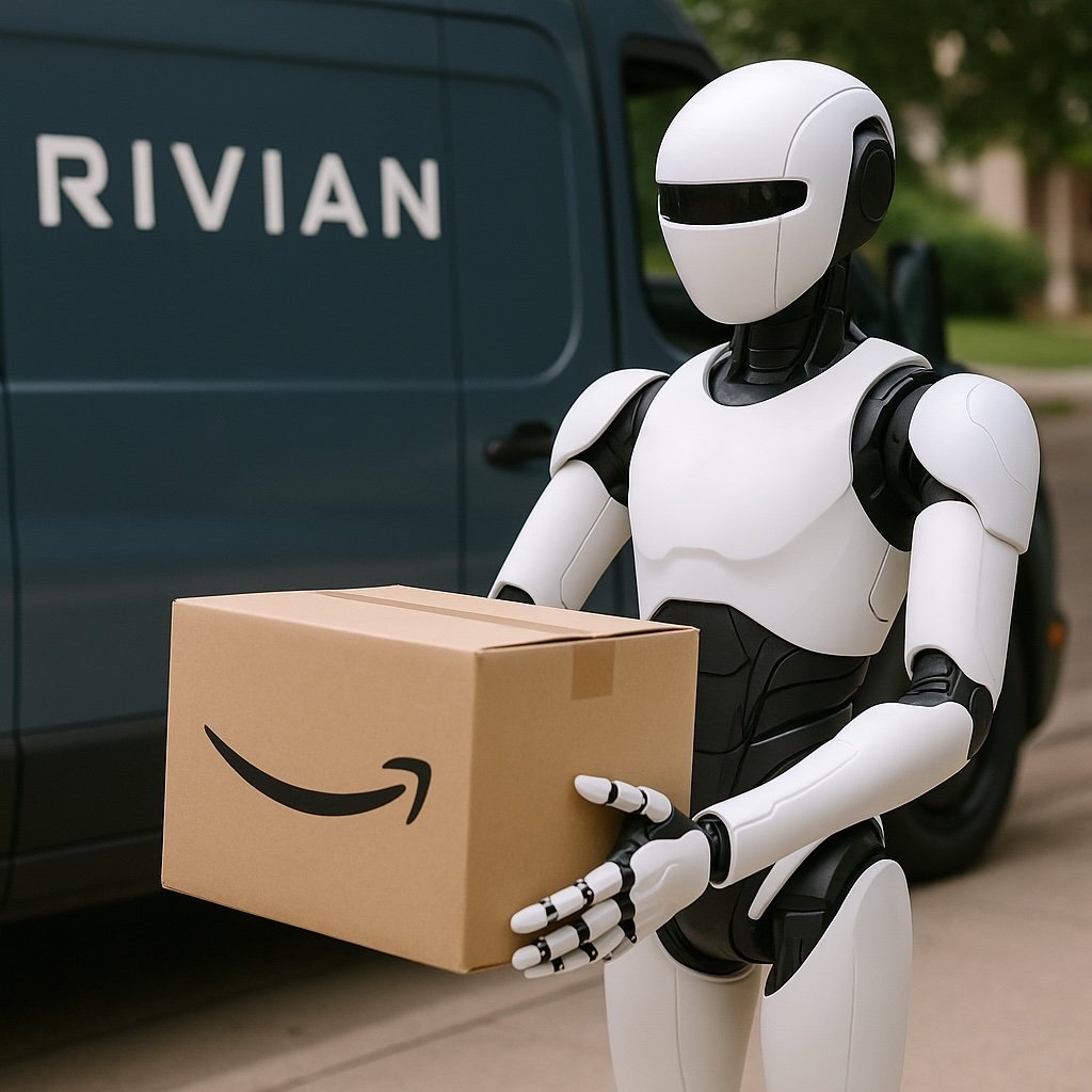 Robot delivering Amazon packages with Rivian Commercial Van in background