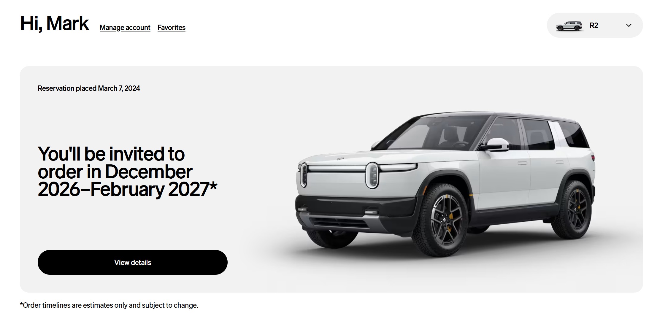 Banner announcing you'll be invited to order a car in December 2026–February 2027, with a white SUV on the right side