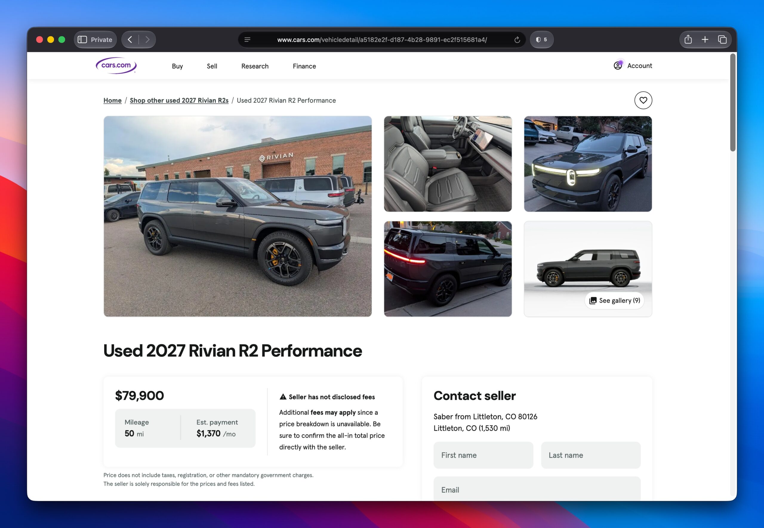 Screenshot – RivianTrackr Main photo of a dark Rivian SUV parked outside a brick building, with a thumbnail gallery of interior and exterior shots nearby (Used 2027 Rivian R2 Performance).