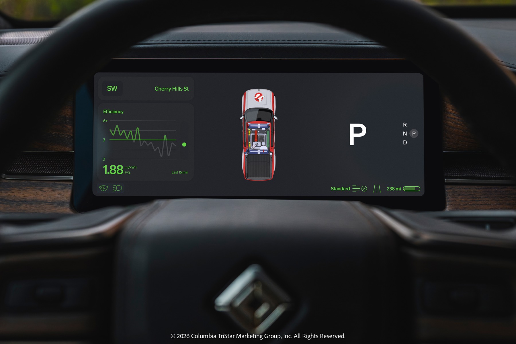 Ghostbusters themed Park screen on the Rivian driver display