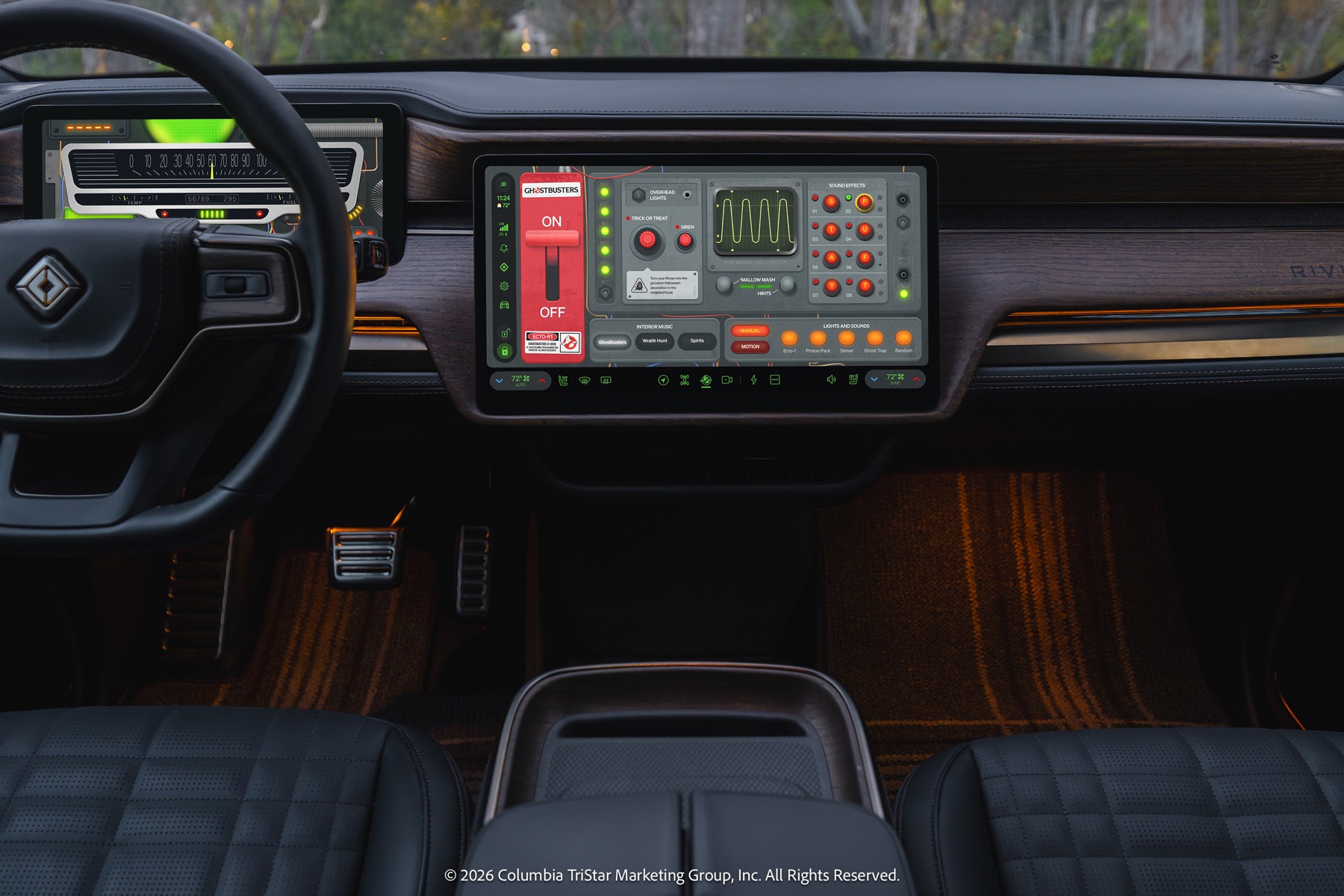 Ghostbusters Halloween Mode controls on the Rivian center display
